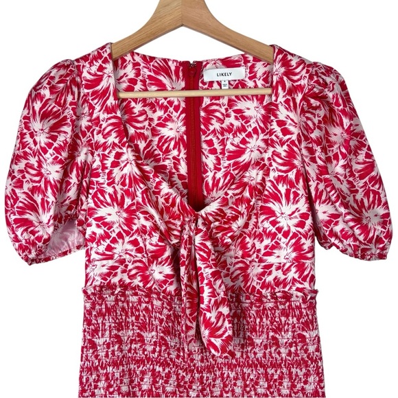 LIKELY AVRA BITTERSWEET & WHITE FLORAL SMOCK WAIST PUFF SLEEVE V NECK MIDI DRESS - Picture 6 of 15